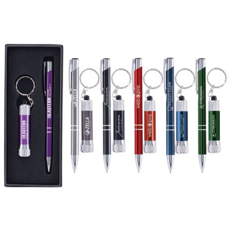 Custom Metal Click Pen w/ LED Pocket Flashlight Gift Set